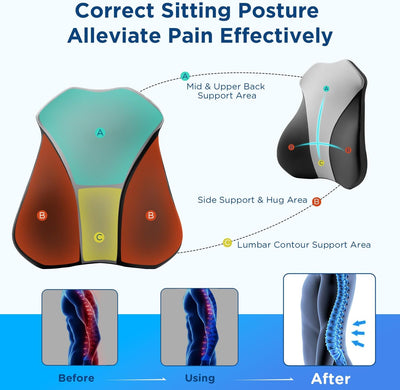 Lumbar Support Pillow for Office Chair Back Support Pillow for Car, Computer, Gaming Chair, Recliner Memory Foam Back Cushion for Pain Relief Improve Posture, Mesh Cover