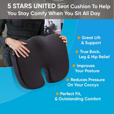 Seat Cushion Pillow for Office Chair - Memory Foam Firm Coccyx Pad - Tailbone, Sciatica, Lower Back Pain Relief - Contoured Posture Corrector for Car, Wheelchair, Computer and Desk Chair
