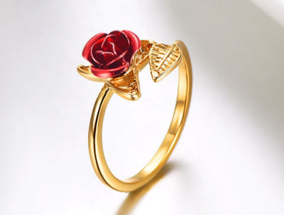 Red Rose Flower Leaves Ring